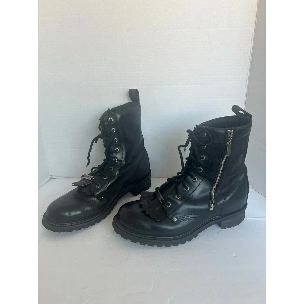 Harley Davidson Men's Black Leather Combat Tassel Biker Lace Up Zip Boots‎ 12/13